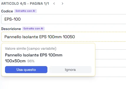 Esempio di suggerimento Valore simile in revisione Decifra con Usa questo e Ignora
